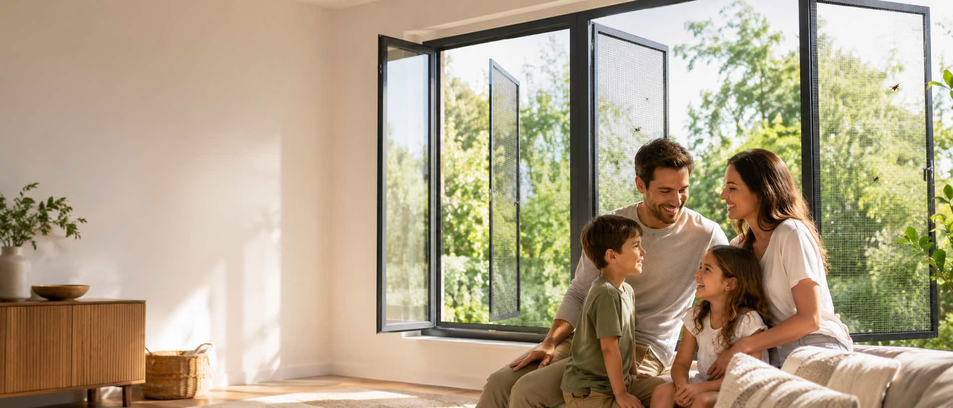 A family beside wide-open windows with insect screens fitted, the bright green garden behind the mesh